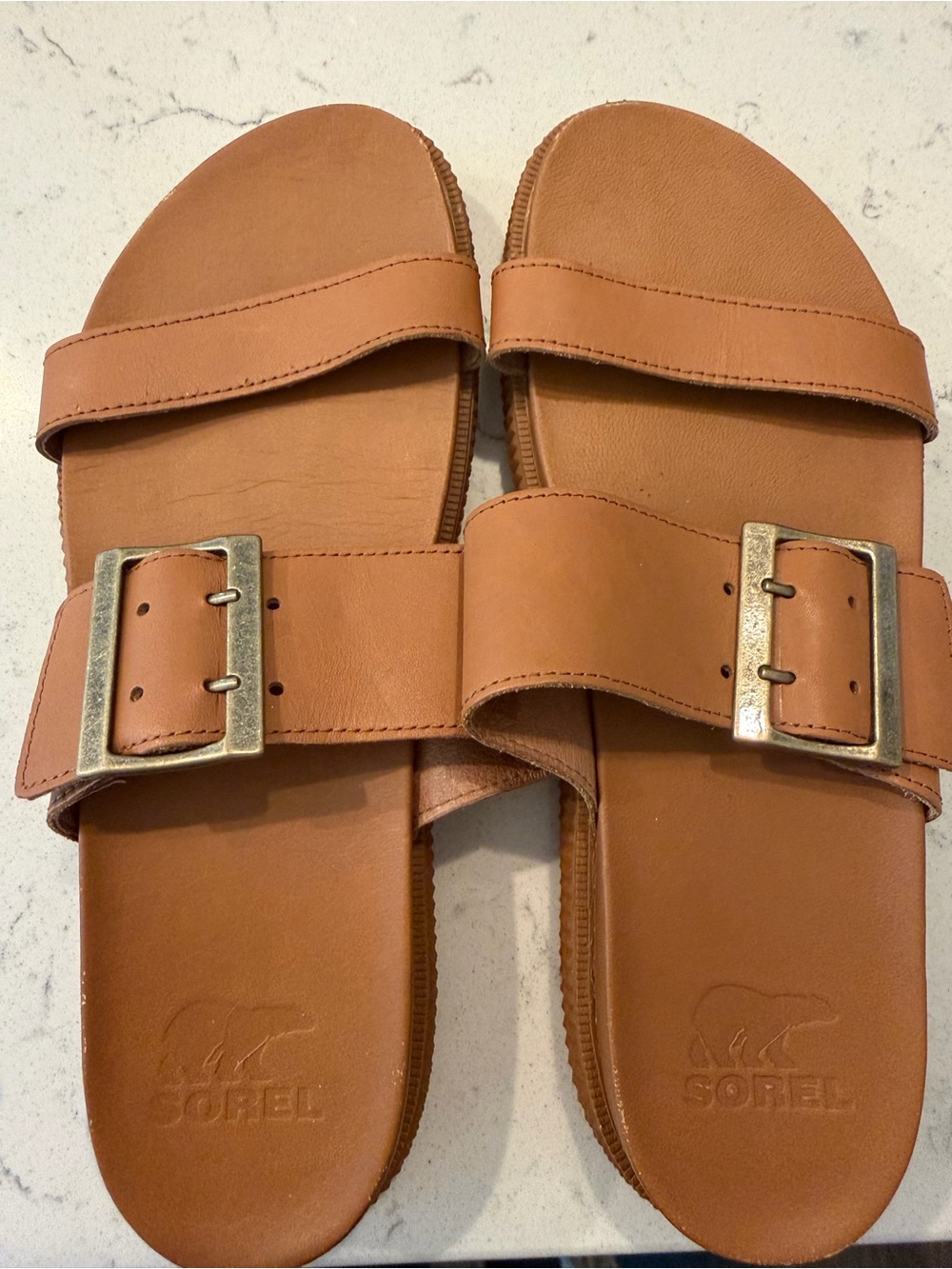 Sorel Tan Leather Slide Sandals with Buckle